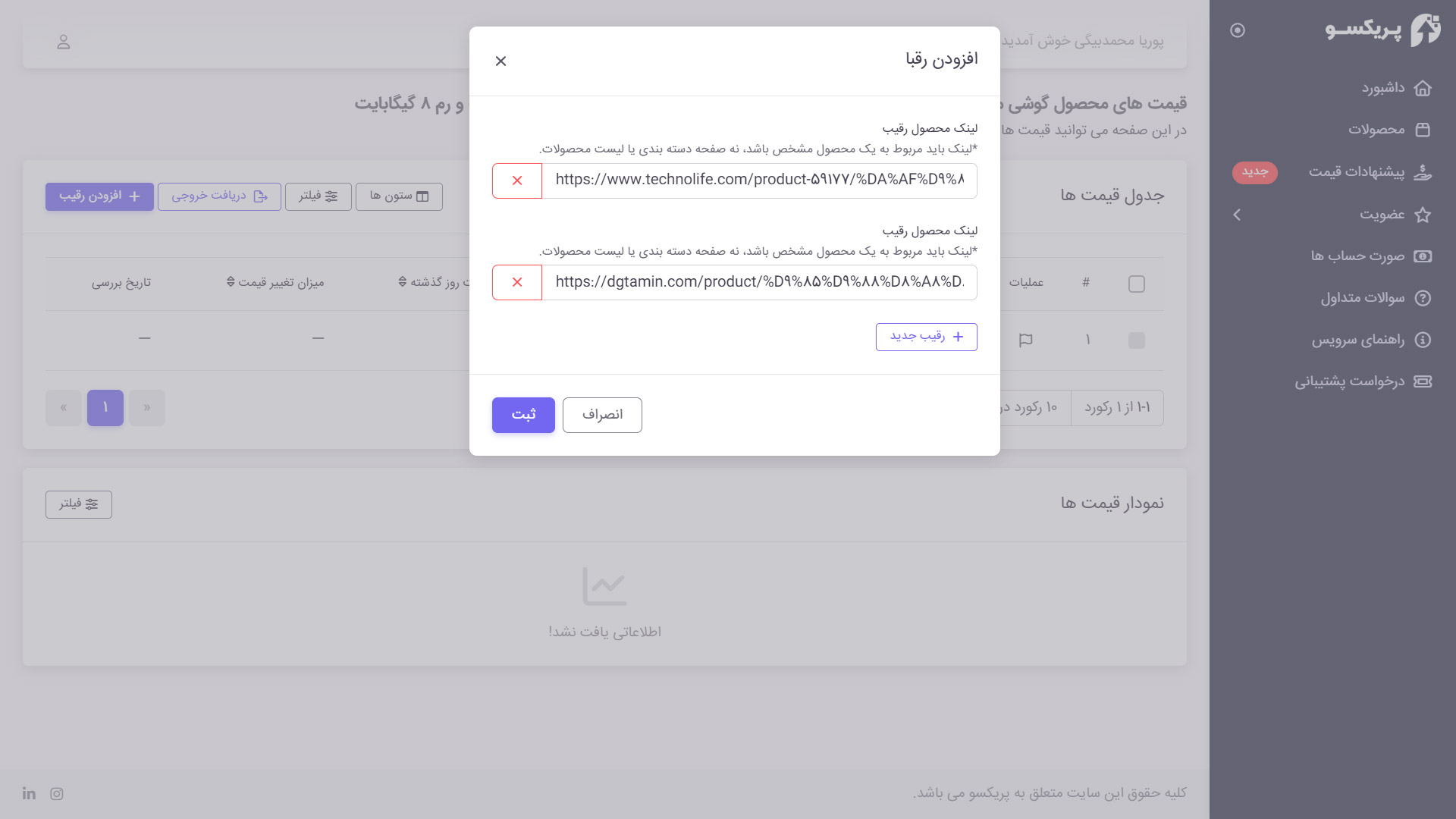 اضافه نمودن رقبای محصول